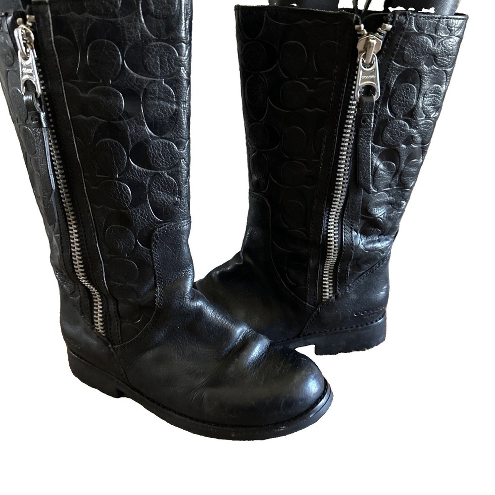 Coach Boots Women Leather Valentine Black Signature Embossed Mid Calf Zip 6 1/2
